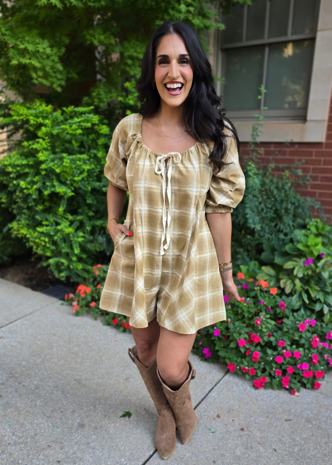 All In Season Camel Plaid Romper