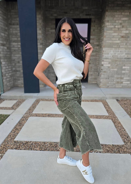 Seasonal Olive Corduroy Fray Hem Pants
