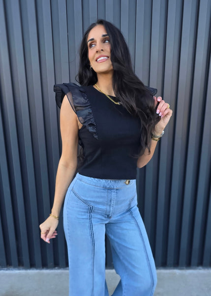 After Hours Black Top With Organza Ruffle Sleeves