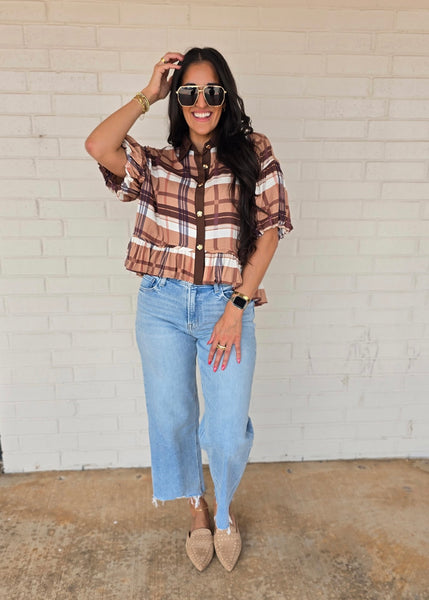 Plan On It Camel/Brown Plaid Baby Doll Top