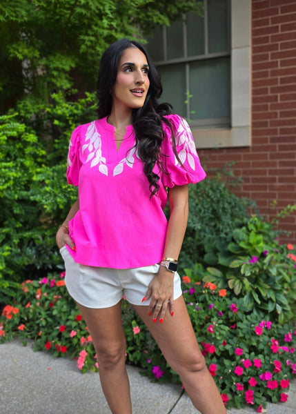 It Girl Hot Pink and White Embroidered Puff Sleeve Top