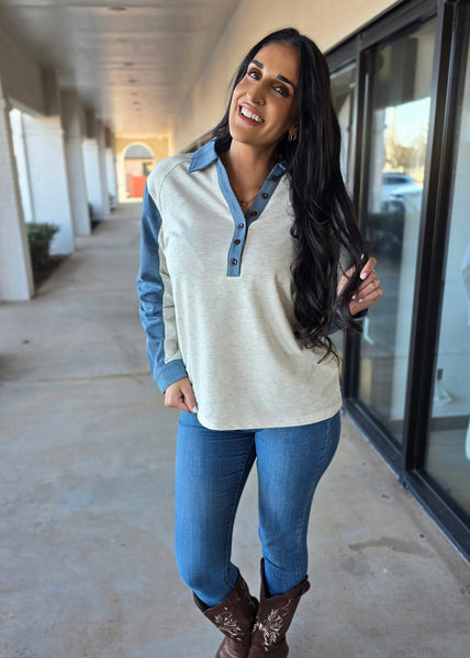 On The Go Denim Color Block Sweatshirt Top