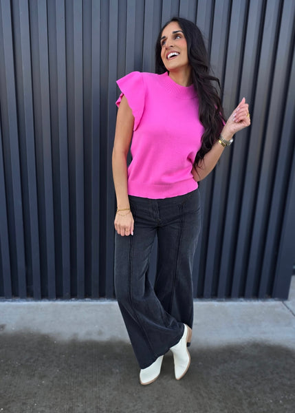 Sweet Shores Pink Ruffle Sleeve Sweater Top