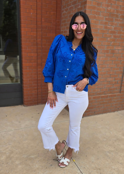Beauty Mark Blue Patterned Button Up Top