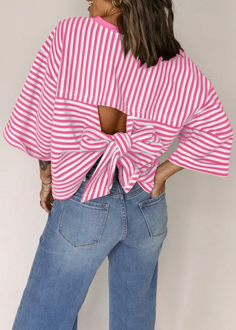 Fun Fact Pink Striped Back Bowknot Tee