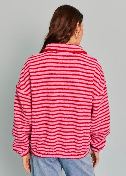 Fun Stripe Pink and Red Quarter Zip Fleece Pullover