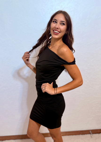More Fun Off-Shoulder Ruched Mini Dress