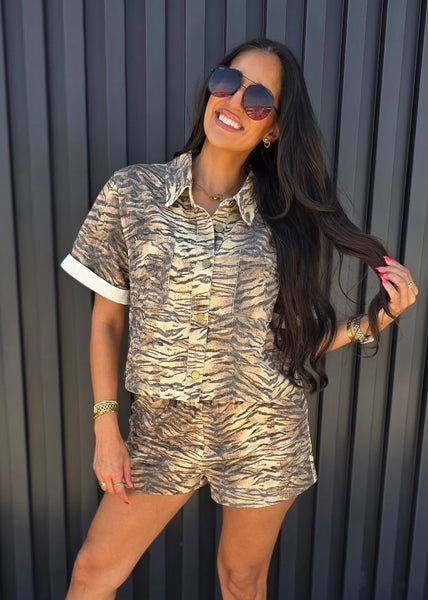 She's A Wild One Tiger Print Button Up Shirt