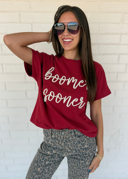 Pearl Scripted "Boomer Sooner" Crimson Stadium Top