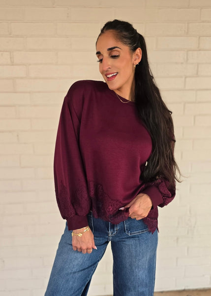 Wine & Dine Lace Trimmed Long Sleeve Top