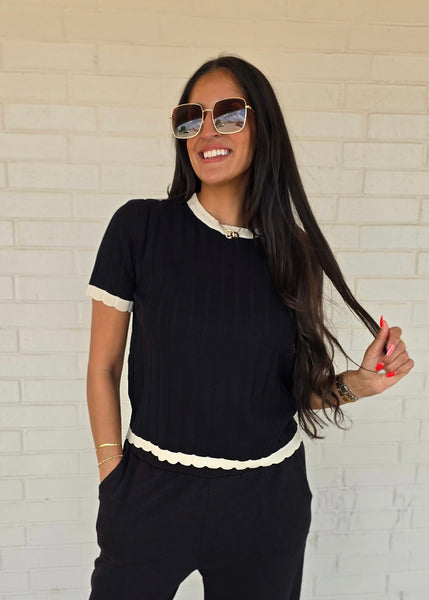 Planning Ahead Black/Cream Ribbed Knit Top