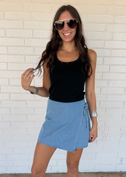 No Pretending Washed Denim Wrap Mini Skort