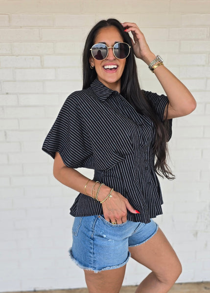 See About Me Black & White Striped Pleated Button Up