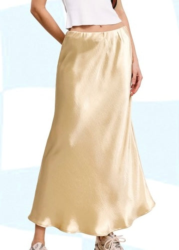Shimmer Time Beige Gold Satin Midi Skirt