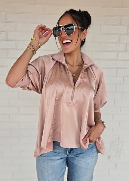 Play It Again Blush Half Zip Flowy Blouse