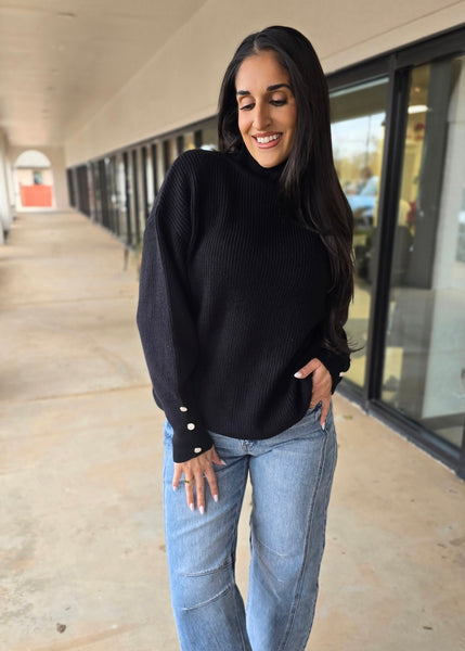 Plan For It Black Turtleneck Pearl Button Sweater