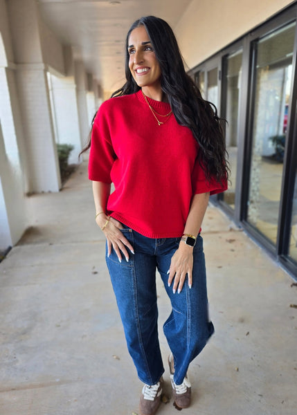 Knocking At My Door Short Sleeve Oversized Red Sweater