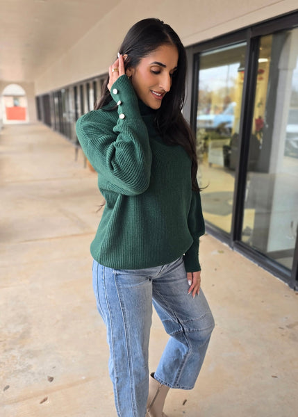 Plan For It Hunter Green Turtleneck Pearl Button Sweater