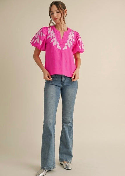 It Girl Hot Pink and White Embroidered Puff Sleeve Top