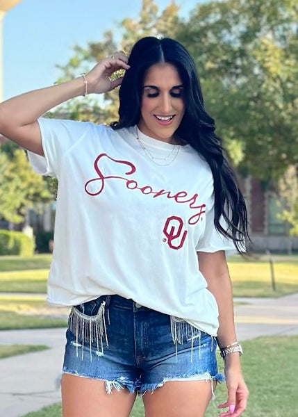 OU Sooners White Chainstitch Stadium Oversized Tee