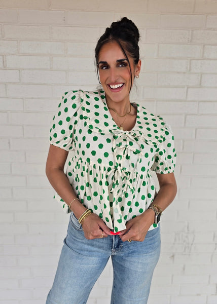The Only One Green Polka Dot Front Tie Top