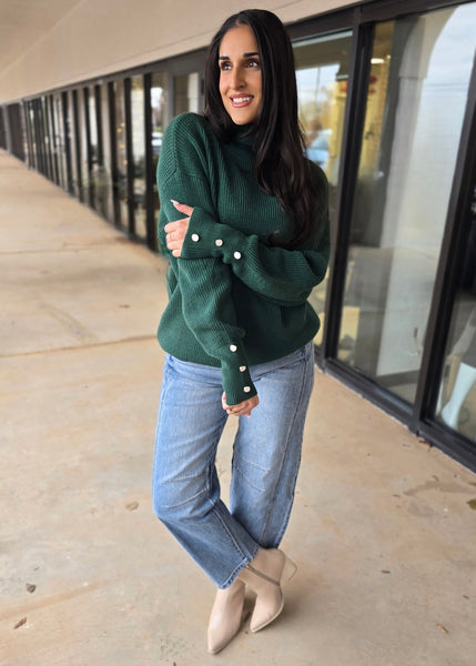 Plan For It Hunter Green Turtleneck Pearl Button Sweater