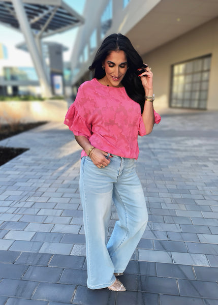 Purposely Pink Ruffle Sleeve Floral Top