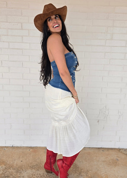 Country Girls Dream Strapless Denim Button Up Top