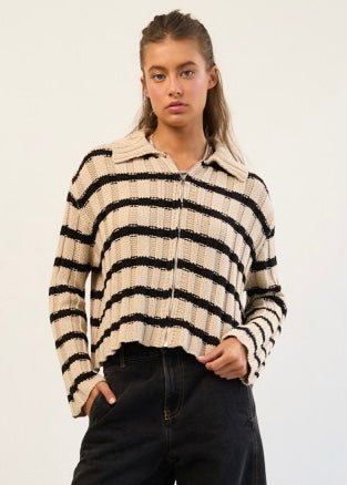 Unwind Taupe/Black Stripe Zip Up Sweater