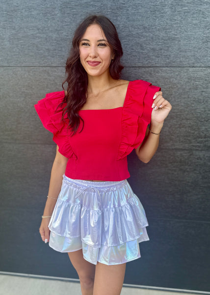 Social Delight Red Top With Ruffle Sleeves