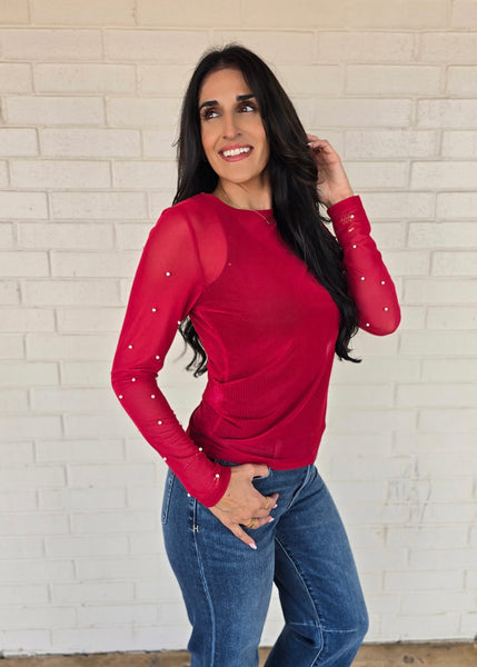Center Of Attention Mesh Pearl Top - Red
