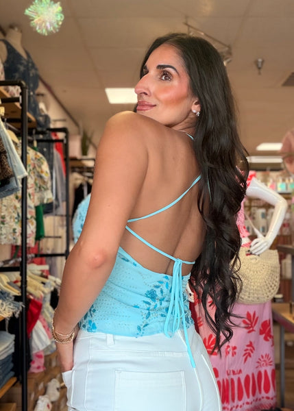 By The Beach Blue Beaded Halter Top