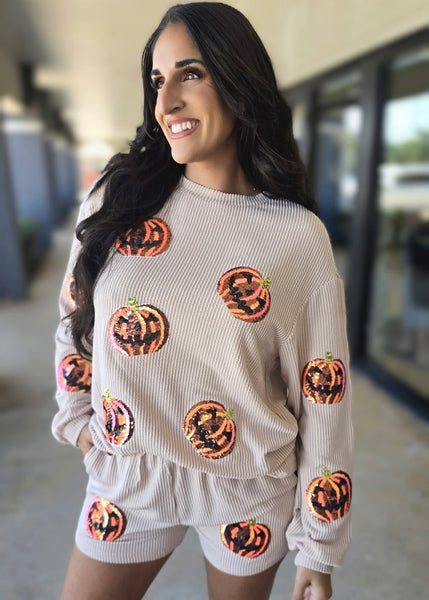 Halloween Sequin Pumpkin Corded Two Piece Shorts Set
