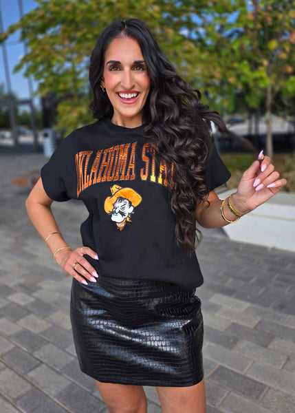 Oklahoma State Pistol Pete Black Stadium Top With Pop Of Shiny Orange