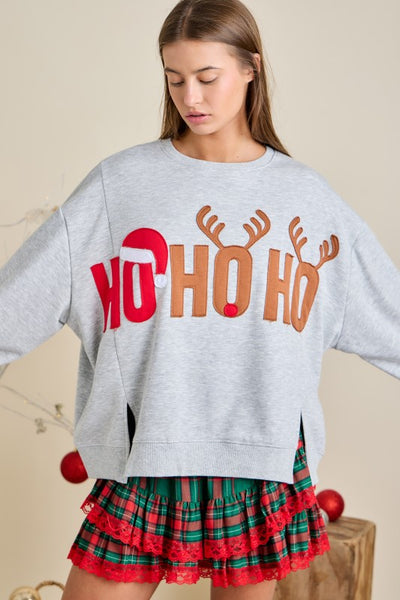 Ho Ho Ho Patched Grey Oversized Sweatshirt