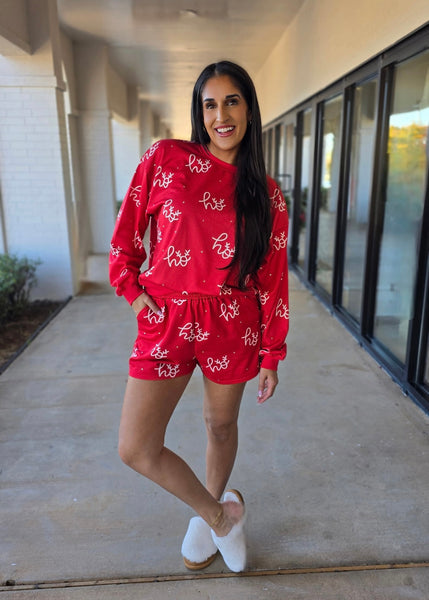 Red Rhinestoned "Ho, Ho, Ho" Printed Shorts