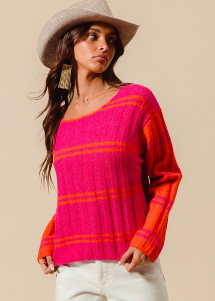 A Cozy Place Fuchsia/Orange Striped Sweater