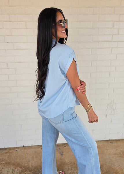 Makes Sense Blue Collared Button Up Top