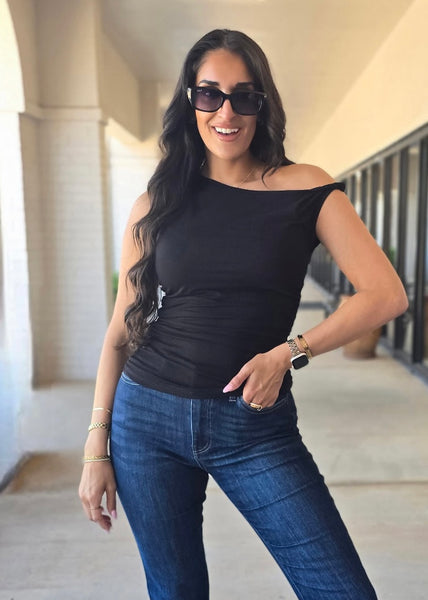 On My Way Black Off-Shoulder Top