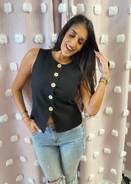 So True Black Linen Button Up Vest