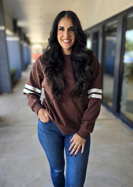 On Varsity Striped Brown Crewneck