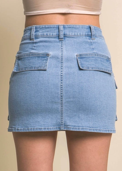 Stand Alone Light Wash Cargo Denim Mini Skirt