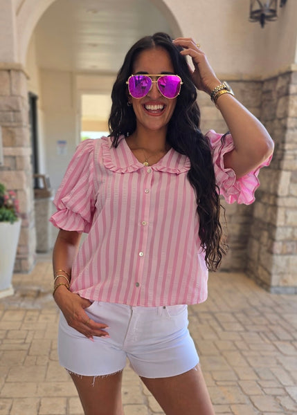 Going Out Pink Striped Puff Sleeve Top