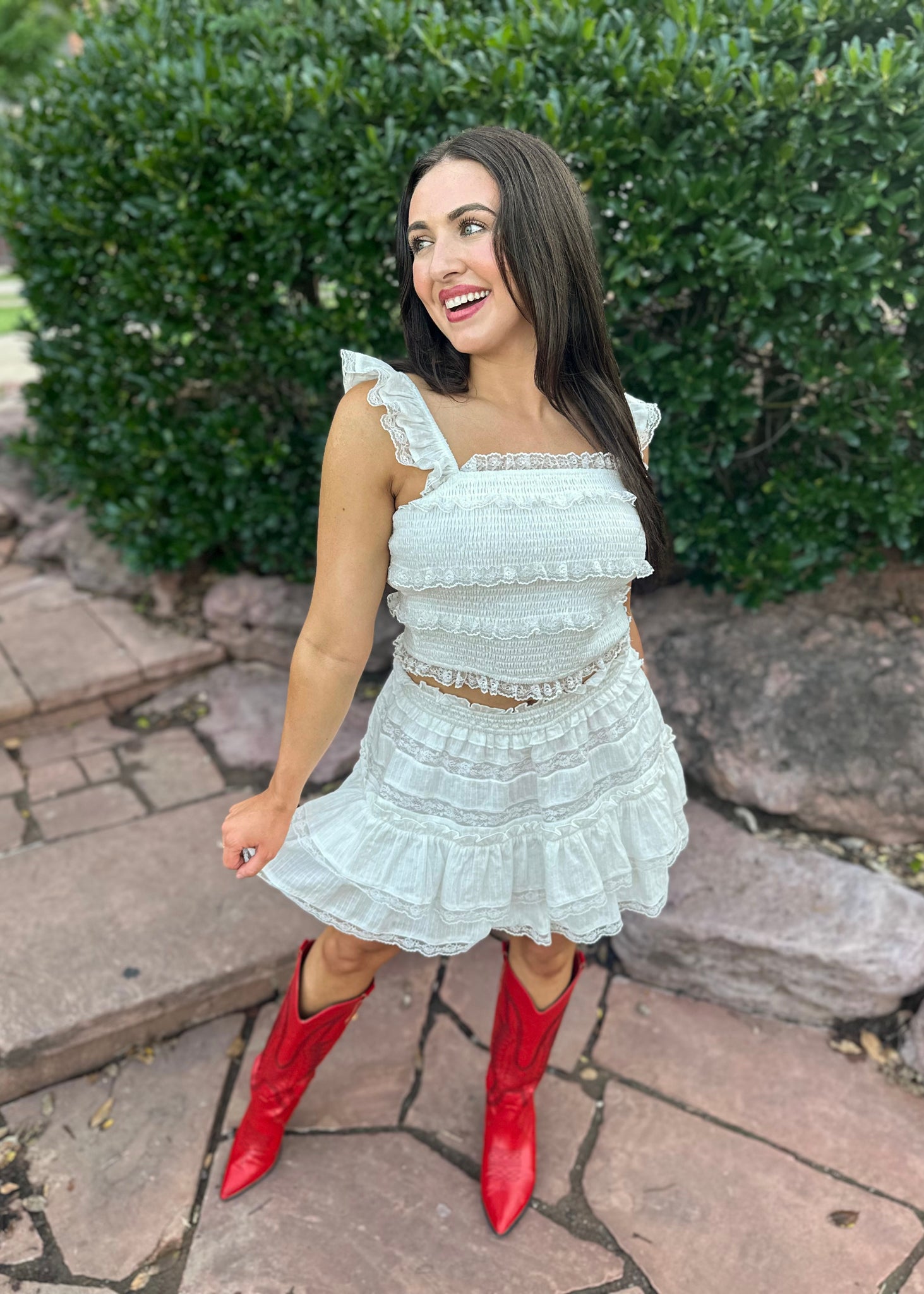 Sunset Serenade White Lace Trim Top & Mini Skirt 2 Pc Set