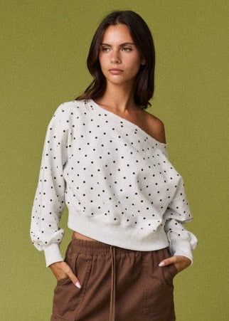From The Past White & Taupe Polka Dot Off The Shoulder Sweatshirt Top