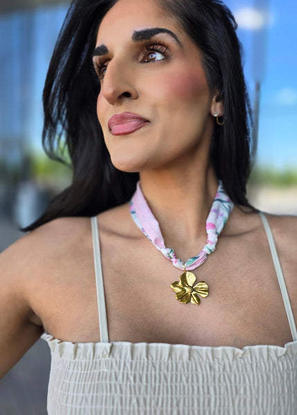 Pink Floral Scarf Necklace w/ Gold Flower Charm
