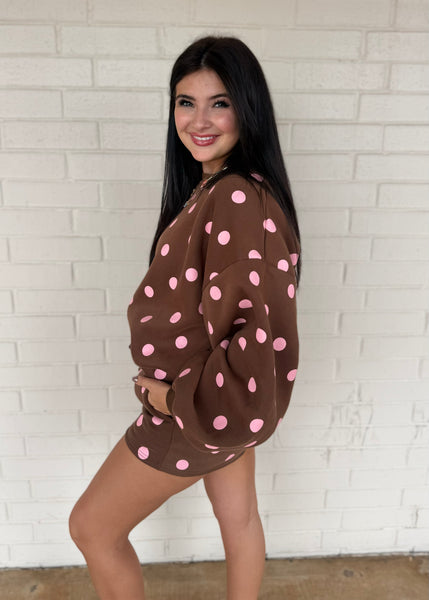 Treat Yourself Brown & Pink Polka Dot Sweatshirt & Short Set