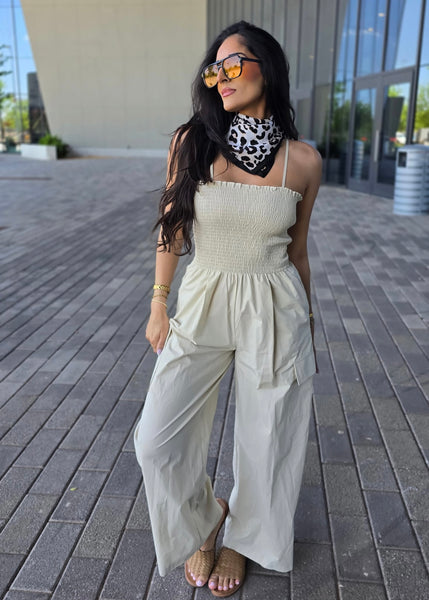 Sunday Stroll Taupe Spaghetti Strap Jumpsuit