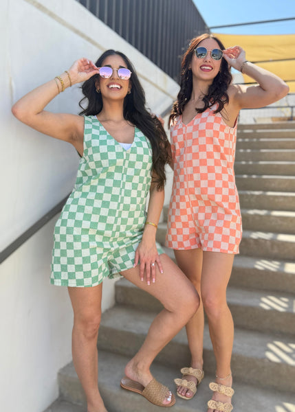 Playtime Fun Green Checkered Denim Romper