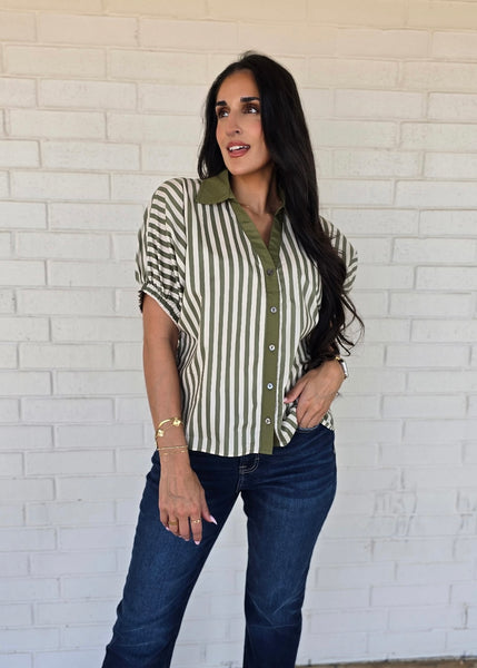 No Bother Olive/White Striped V-Neck Top